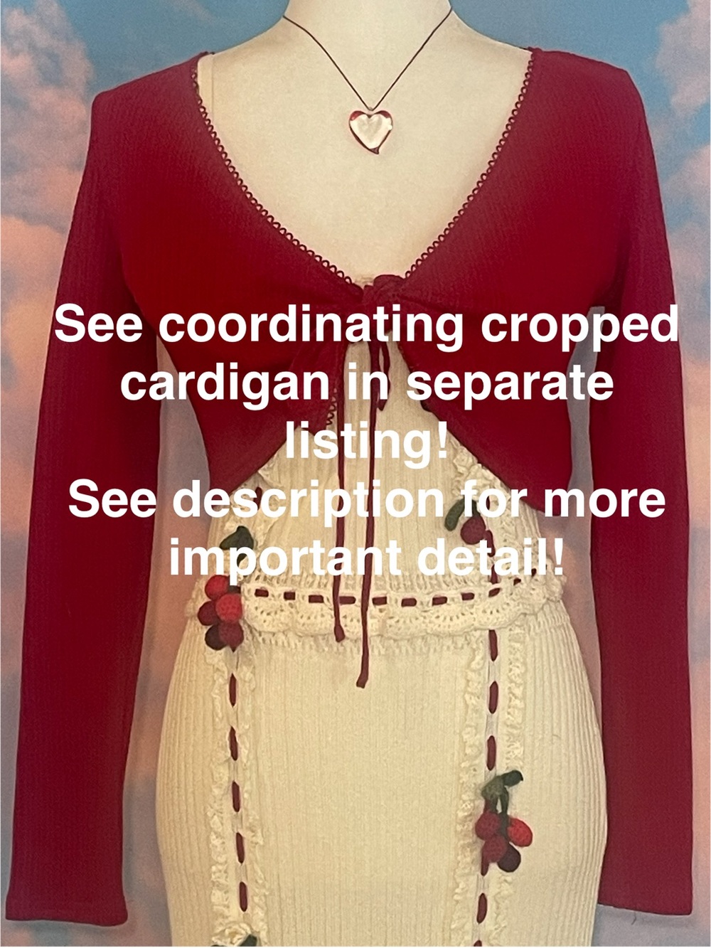 NWT: Gorgeous Lace Made Cream Knit w/Red Ribbon & Cherry Crochet Details - Picture 15 of 15